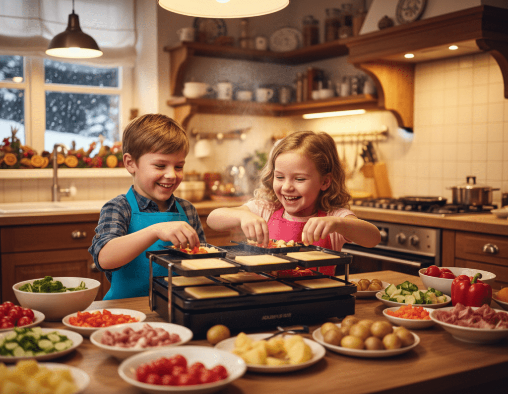 A warm, inviting kitchen scene featuring two children, a boy and a girl, around a table preparing raclette. In the foreground, the children are cheerfully placing colorful vegetables like bell peppers, tomatoes, and mushrooms into raclette pans. The boy wears a blue apron and the girl a pink one, both smiling with excitement. In the middle ground, a tabletop raclette grill emits a gentle steam, with cheese melting beautifully. The background showcases a cozy kitchen with wooden cabinets, soft, golden lighting, and seasonal decorations. The atmosphere is playful and joyful, capturing the spirit of family cooking. Use a soft focus lens effect to enhance the warmth of the scene, with a slight depth of field to draw attention to the children and the raclette grill.