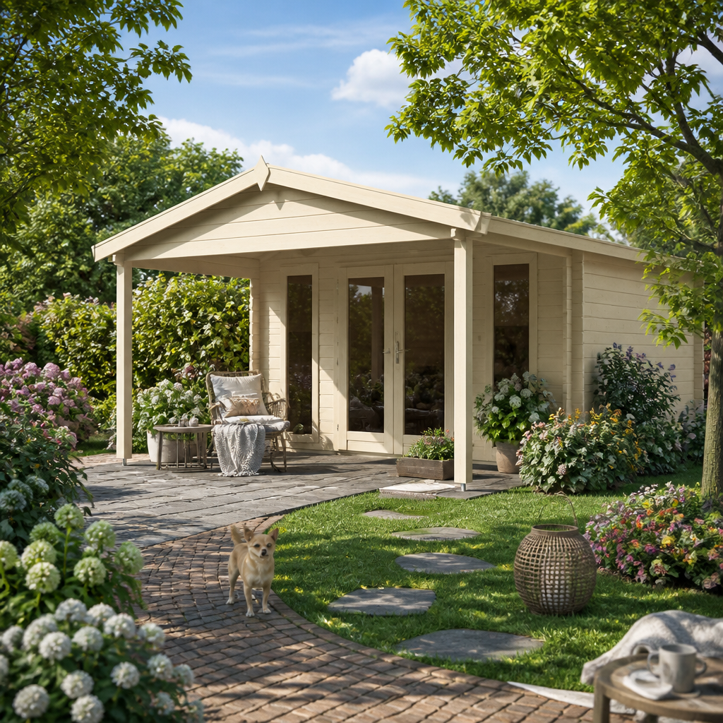 26% reduziert! 4 × 4 m | Gartenlounge Luise 40 F | Vordach | modern | klassisch | Satteldach