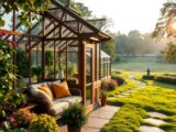 Kleines Gewächshaus und Gartenlounge kombinieren