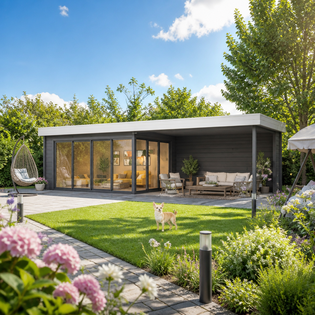26% reduziert! 6 × 4 m | Gartenlounge Alu Concept 70 A mit Anbau | Flachdach | Glas-Schiebetür