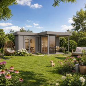 26% reduziert! 6 × 4 m | Gartenlounge Alu Concept 70 M | Flachdach | Glas-Schiebetür | winterfest