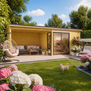 26% reduziert! 4 × 4 m | Gartenlounge Amrum-3 mit Anbau | modern | Schleppdach | Glas-Schiebetür | winterfest Unkategorisiert online kaufen