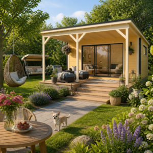 26% reduziert! 5 × 4 m | Gartenlounge Poel-4 mit Vordach | modern | Glas-Schiebetür | winterfest Unkategorisiert online kaufen