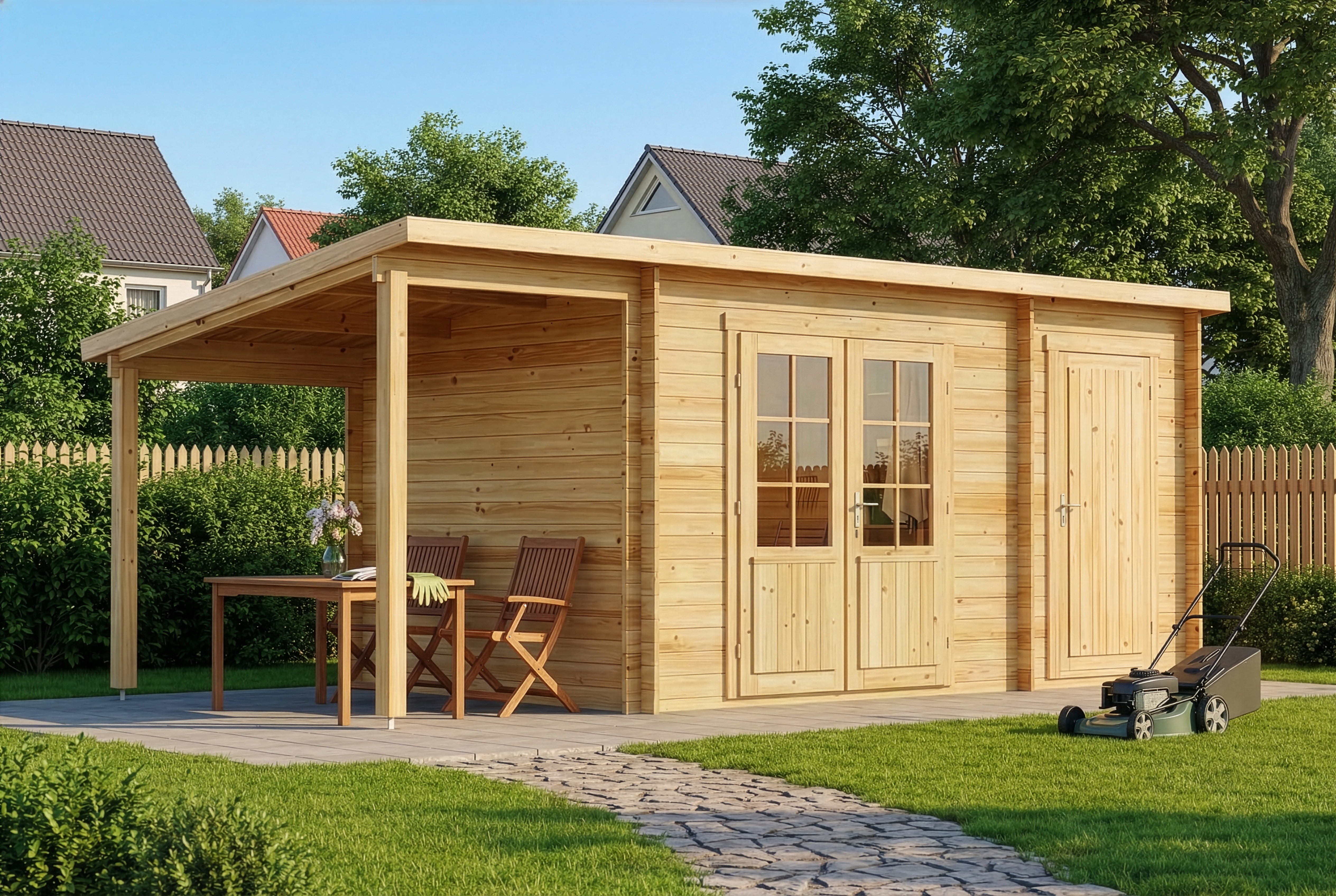 15% Discount! Pultdach Gartenhaus Maria mit Anbau & Schleppdach
